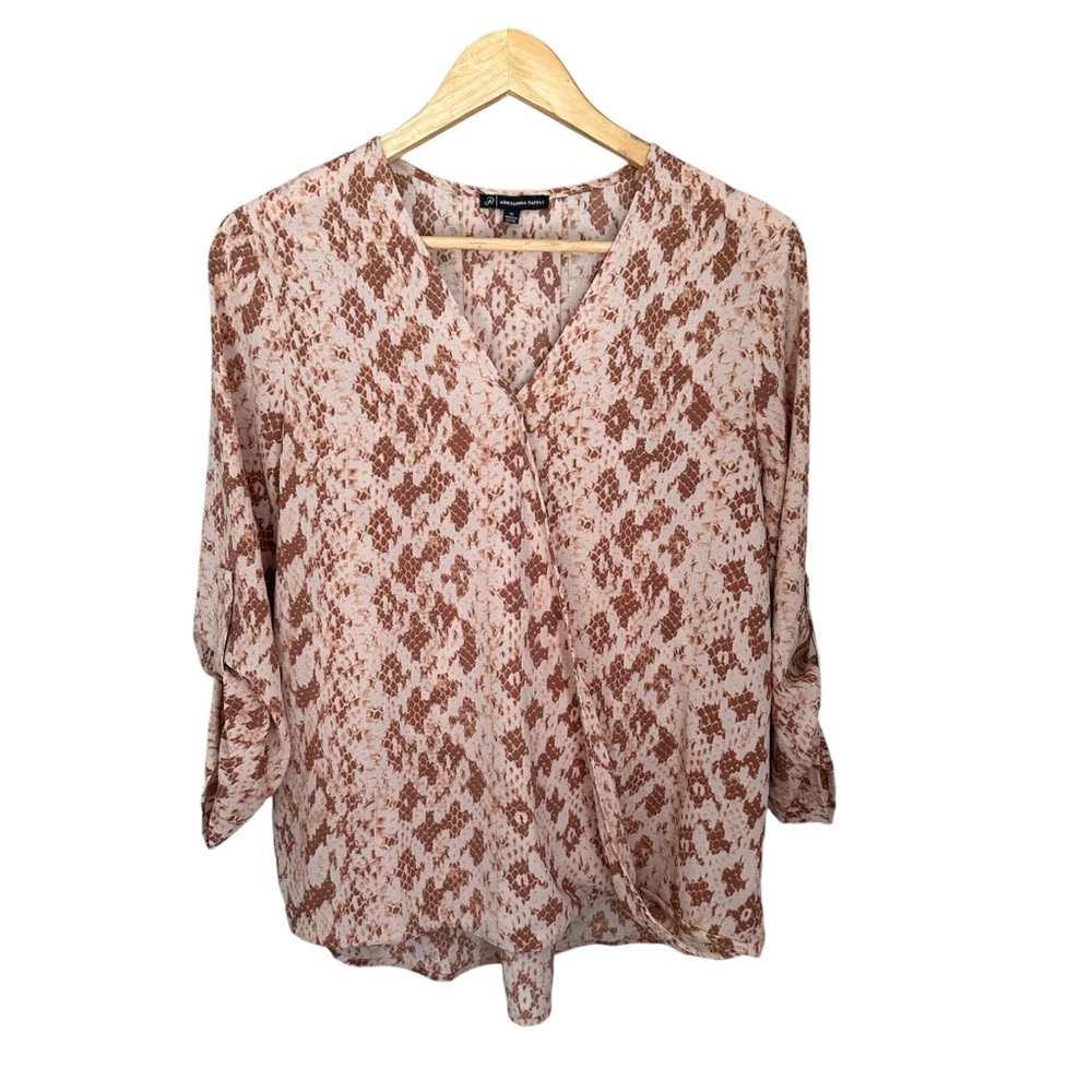 Adrianna Papell Blouse Snakeskin Print Faux Wrap‎ 3/4 Sleeve Cream Tan Size Med
